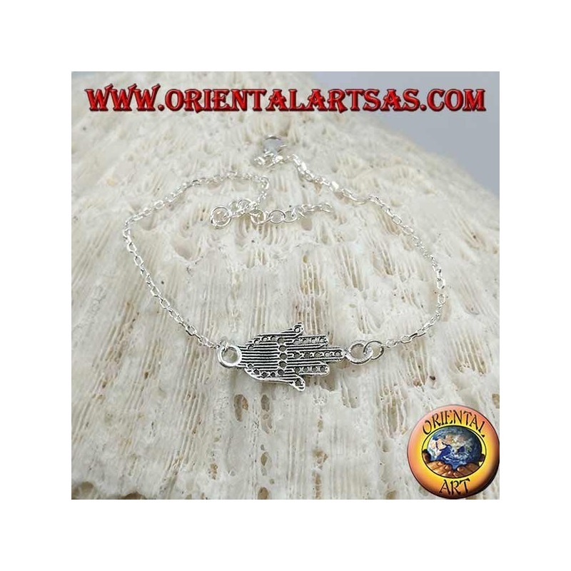 Pulsera de cadena de plata suave con mano de fátima con bola en la palma en el centro