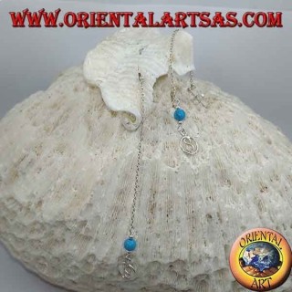 Silberne Schmetterlingsohrringe mit Kette, S im Kreis und 7 cm türkisfarbener Kugel