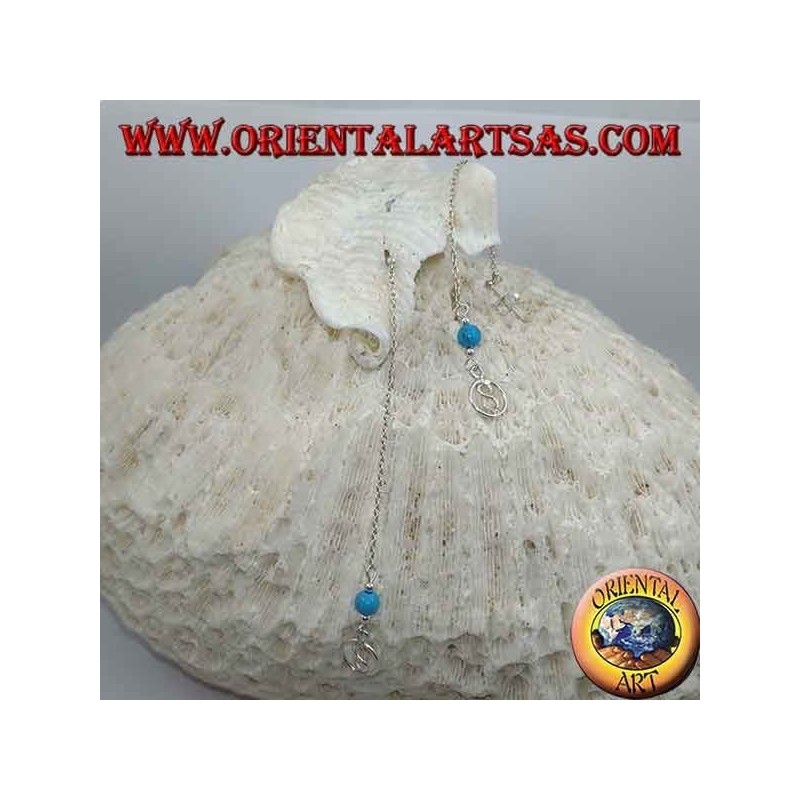 Orecchini in argento a farfalla con catenina, S nel cerchio e pallina turchese da 7 cm