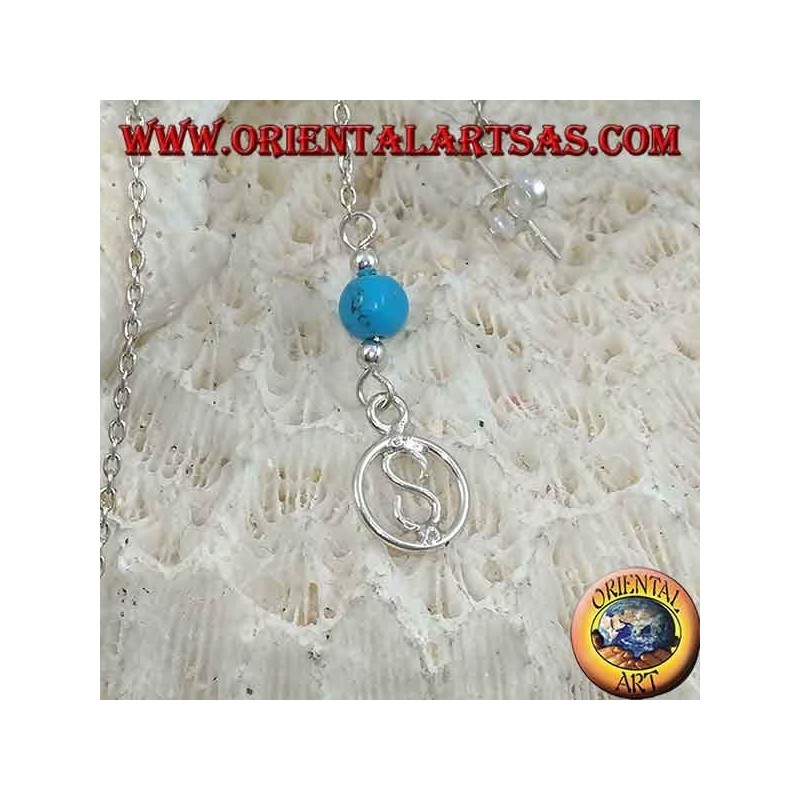 Silberne Schmetterlingsohrringe mit Kette, S im Kreis und 7 cm türkisfarbener Kugel