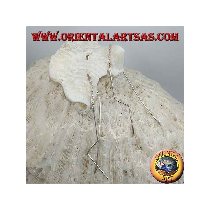 Silver earrings with chain with straight bar and chopped pendants