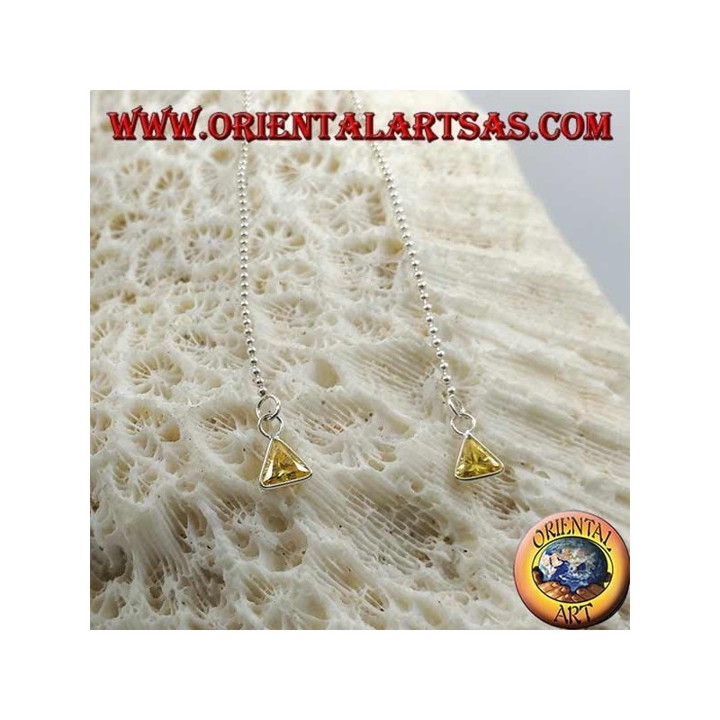 Silver butterfly earrings with ball chain and 11 cm yellow triangle zircon
