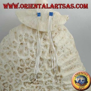 Pendientes de mariposa de plata con cadena de circonita cuadrada azul y cadena triple entrelazada de 8 cm