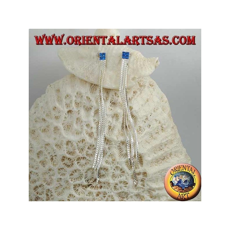 Orecchini in argento a farfalla con zircone quadrato blu catenina e tripla catenina a intreccio da 8 cm