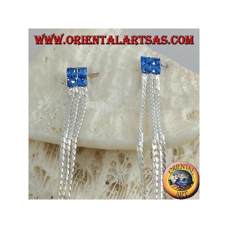 Pendientes de mariposa de plata con cadena de circonita cuadrada azul y cadena triple entrelazada de 8 cm
