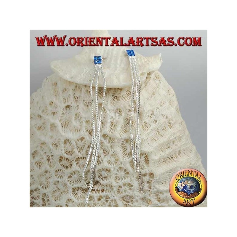 Orecchini in argento a farfalla con zircone quadrato blu e tripla catenina a intreccio da 8 cm
