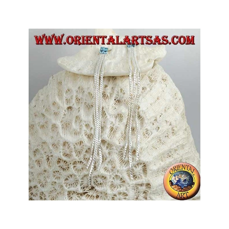 Orecchini in argento a farfalla con zircone quadrato celeste catenina e tripla catenina a intreccio da 8 cm