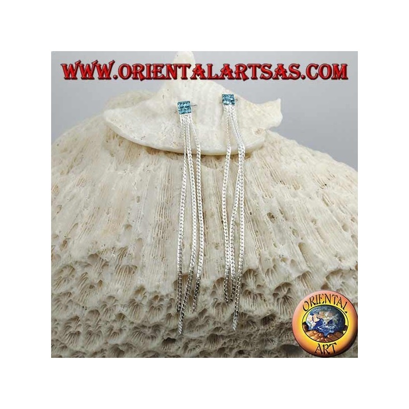 Orecchini in argento a farfalla con zircone quadrato celeste e tripla catenina a intreccio da 8 cm