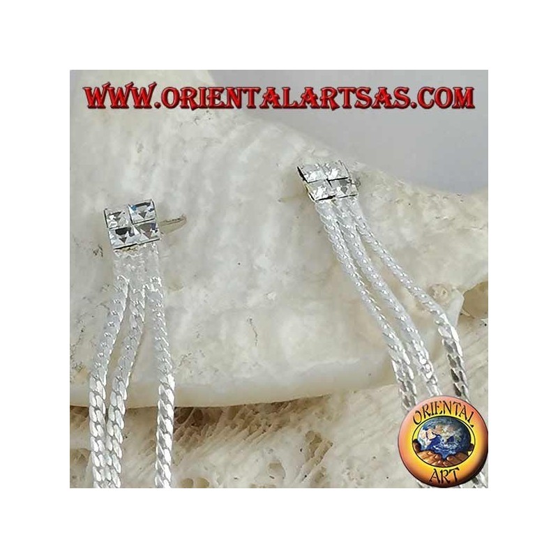 Silver butterfly earrings with yellow square zircon chain and triple 8 cm interlaced chain