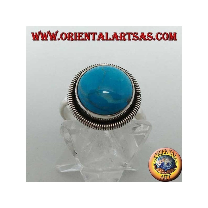 Bague en argent avec cabochon rond turquoise entouré d'une rangée de disques (18)