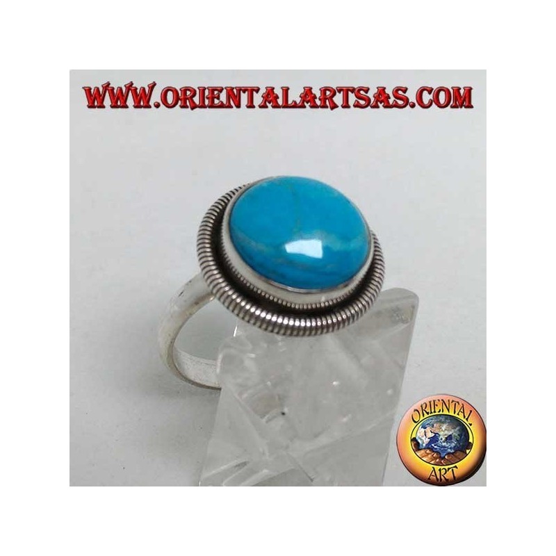 Bague en argent avec cabochon rond turquoise entouré d'une rangée de disques (18)