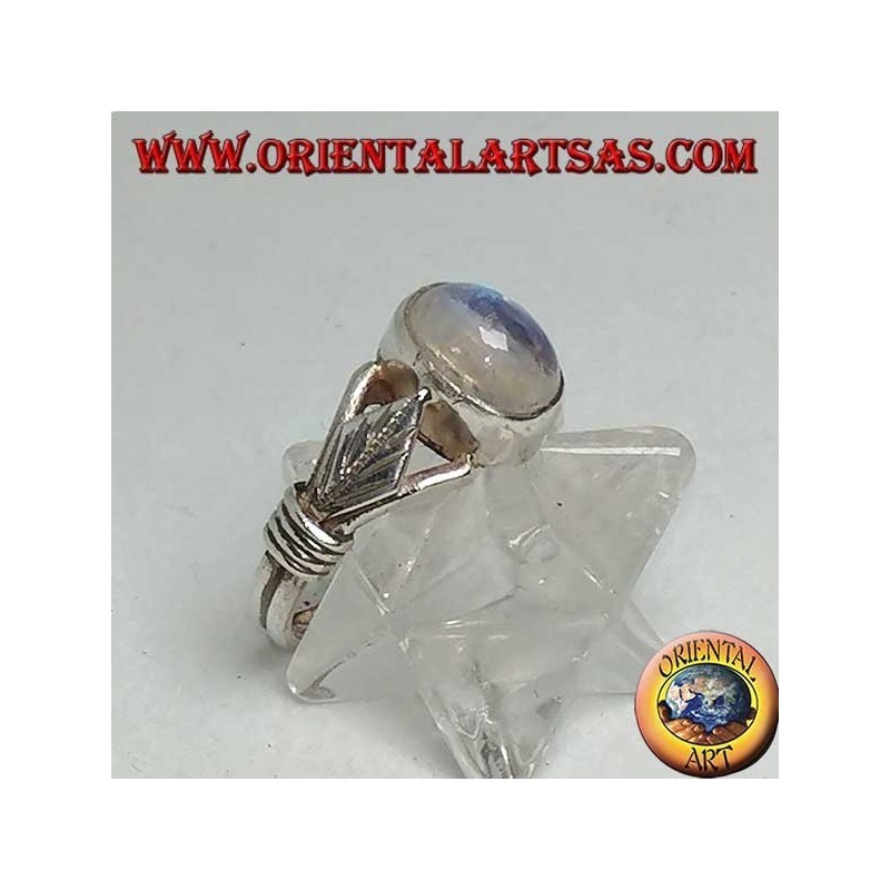 Silver ring with oval rainbow moonstone and rhomboid leaf with discs on the sides