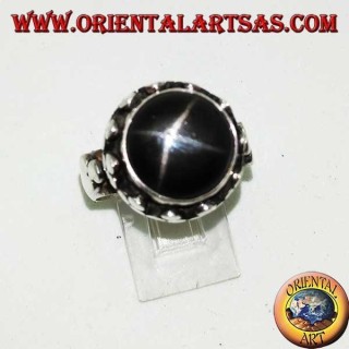 Silver ring with raised Black Star surrounded by disc clovers