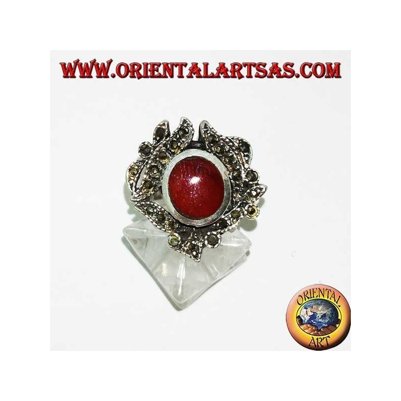Silver ring with oval carnelian surrounded by marcasite studded leaves