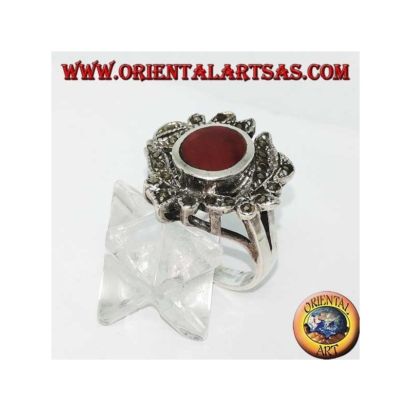 Silver ring with oval carnelian surrounded by marcasite studded leaves
