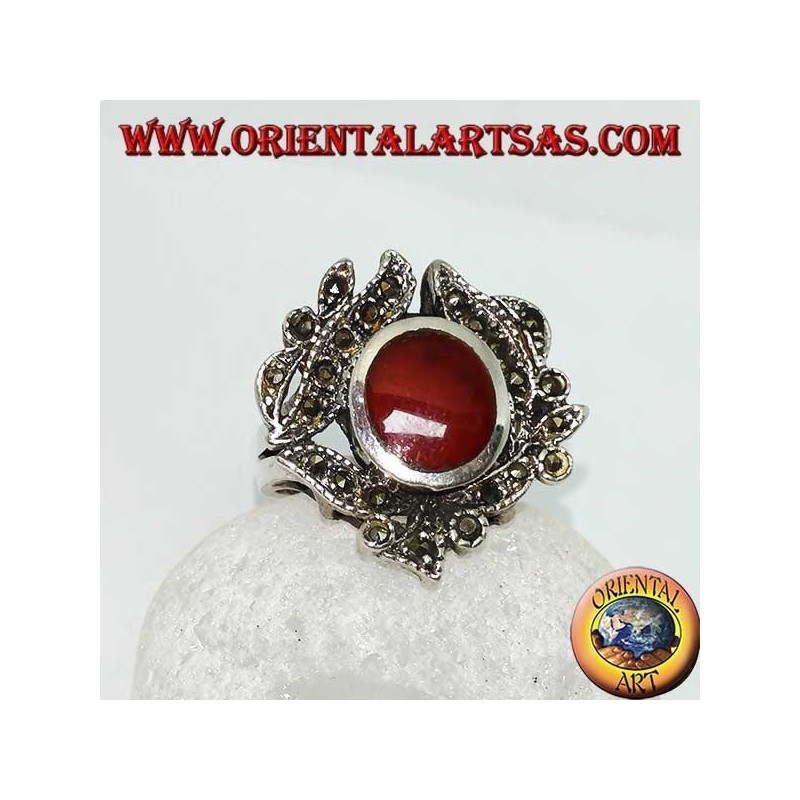 Silver ring with oval carnelian surrounded by marcasite studded leaves