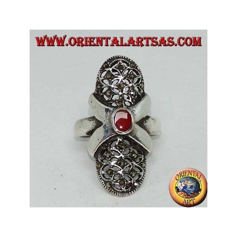 Silver ring with oval carnelian smooth cross and oval perforated canvas studded with marcasites