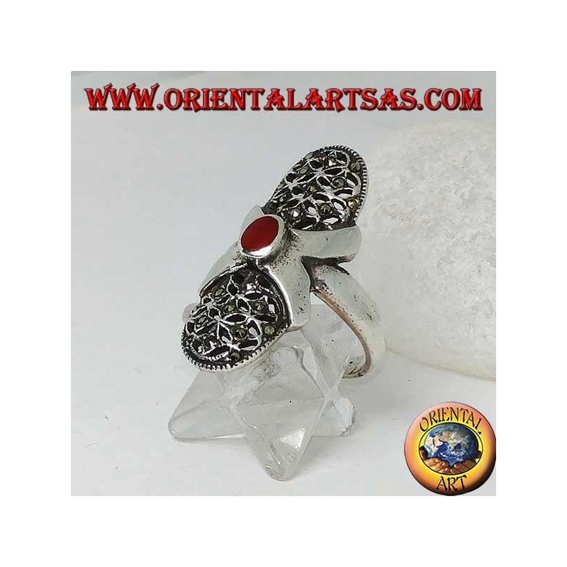 Silver ring with oval carnelian smooth cross and oval perforated canvas studded with marcasites