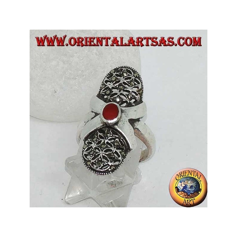 Anello in argento con corniola ovale croce liscia e tela ovale traforata tempestata di marcassiti