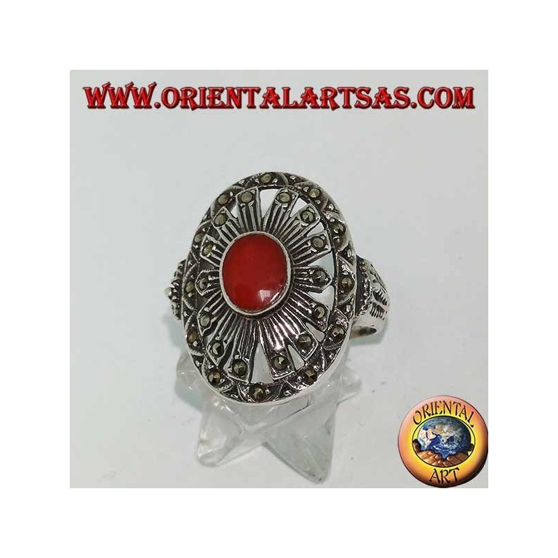 Silver ring with oval carnelian on a marcasite stud setting