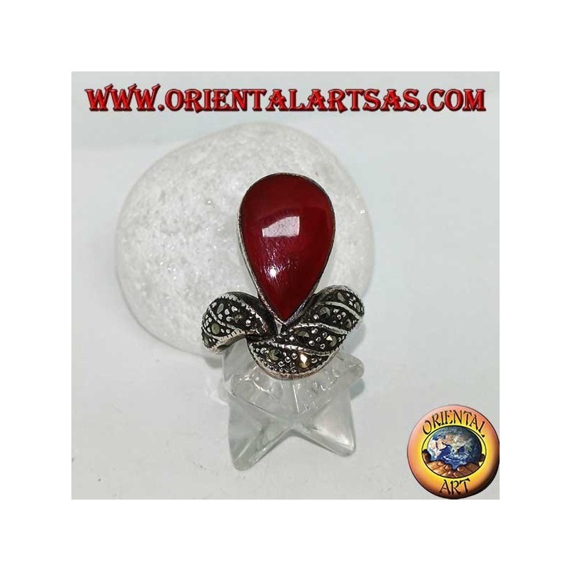 Silver ring with teardrop carnelian and band studded with marcasites