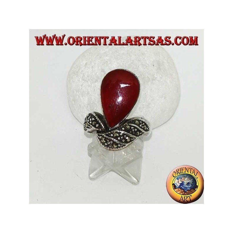 Silver ring with teardrop carnelian and band studded with marcasites