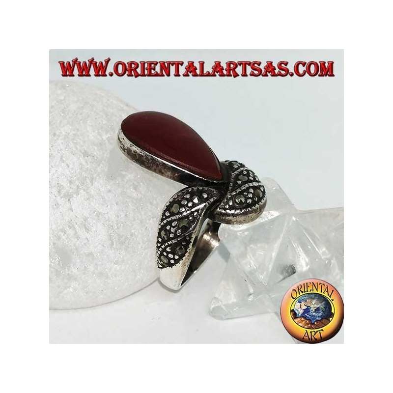 Silver ring with teardrop carnelian and band studded with marcasites