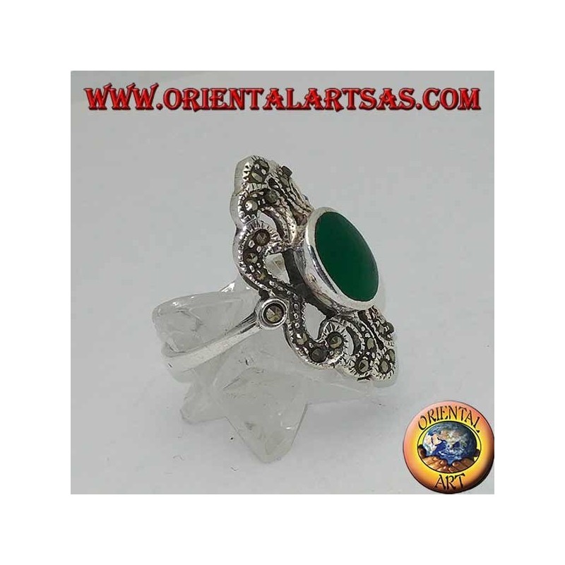Silver ring with oval green agate on an openwork baroque setting studded with marcasites