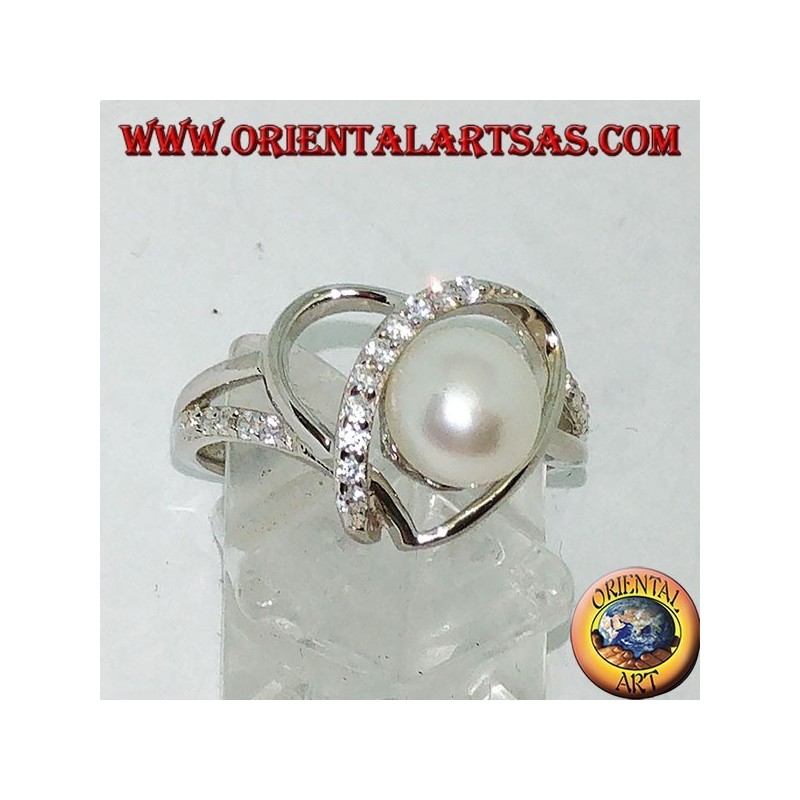 Bague en argent avec tissage en forme de coeur avec perle naturelle et zircons