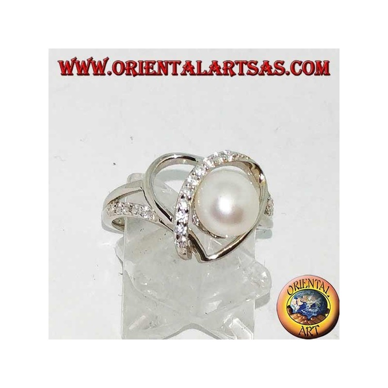 Bague en argent avec tissage en forme de coeur avec perle naturelle et zircons