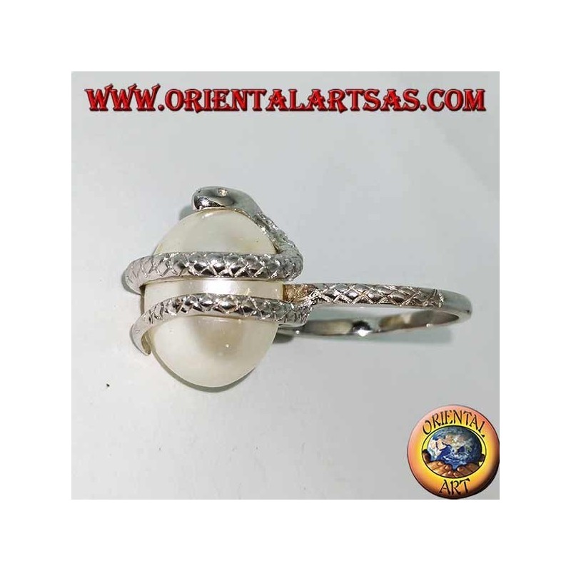 Anillo de plata con perla ovoide blanca envuelta en una serpiente