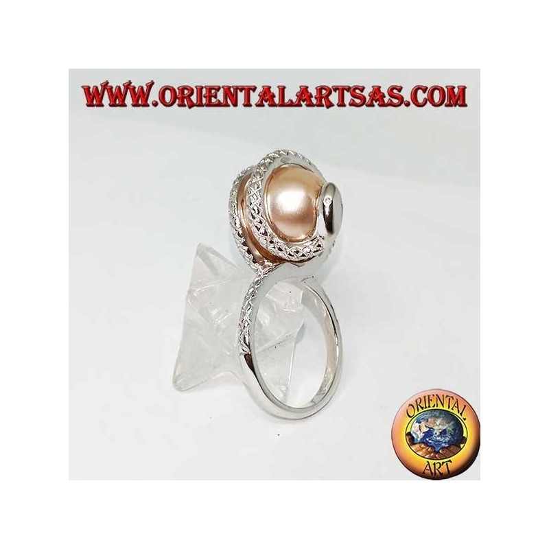Silver ring with pink ovoid pearl wrapped in a snake