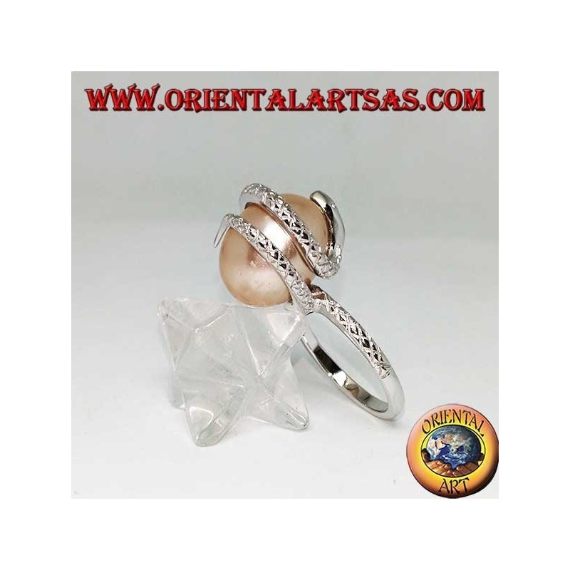 Silver ring with pink ovoid pearl wrapped in a snake