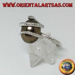Silver ring with gray ovoid pearl wrapped in a snake