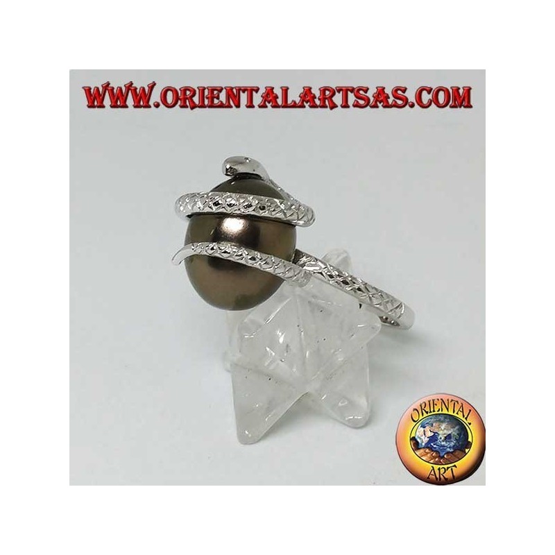 Silver ring with gray ovoid pearl wrapped in a snake
