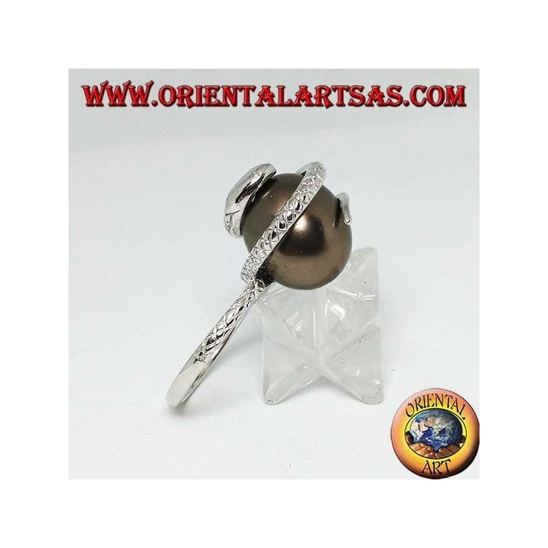 Silver ring with gray ovoid pearl wrapped in a snake