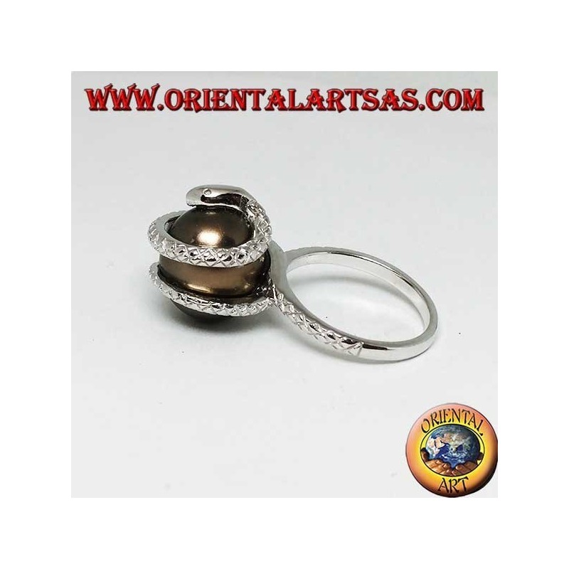 Silver ring with gray ovoid pearl wrapped in a snake