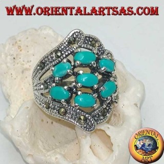 Bague en argent avec sept turquoise ovale et marcassite