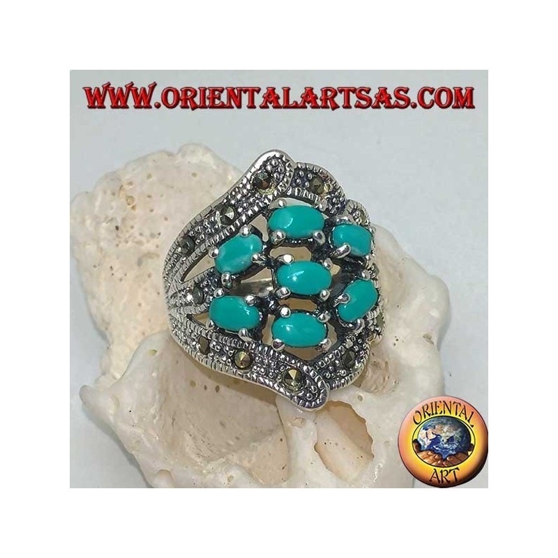 Bague en argent avec sept turquoise ovale et marcassite