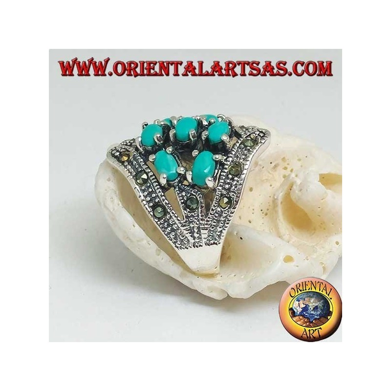 Bague en argent avec sept turquoise ovale et marcassite