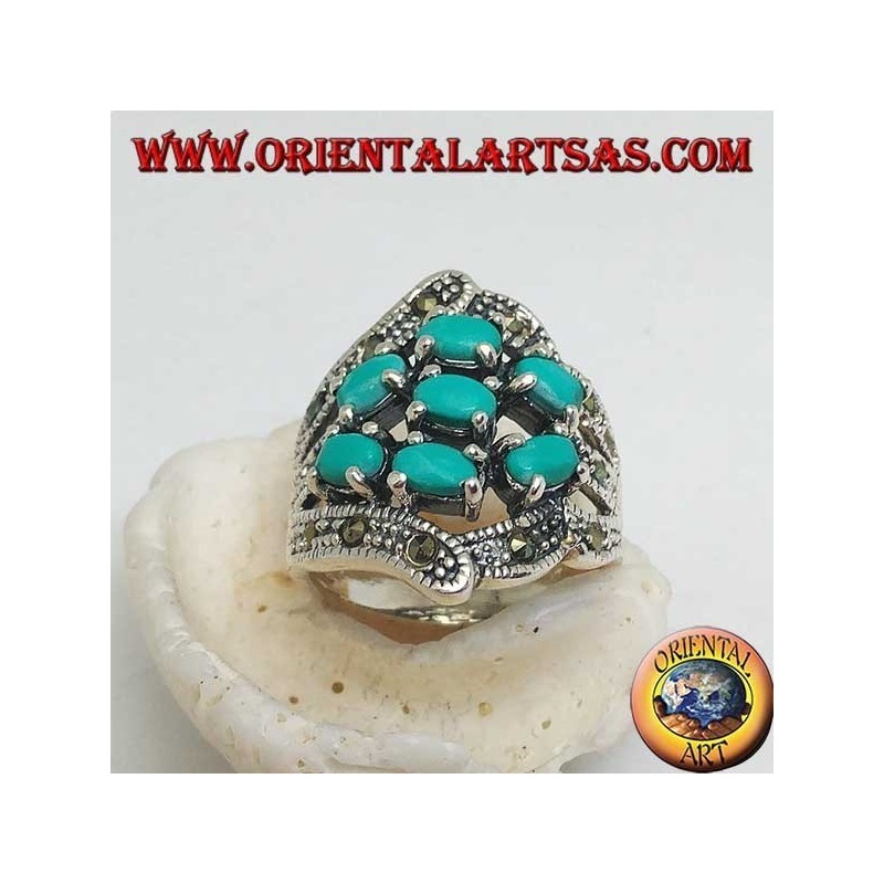 Bague en argent avec sept turquoise ovale et marcassite