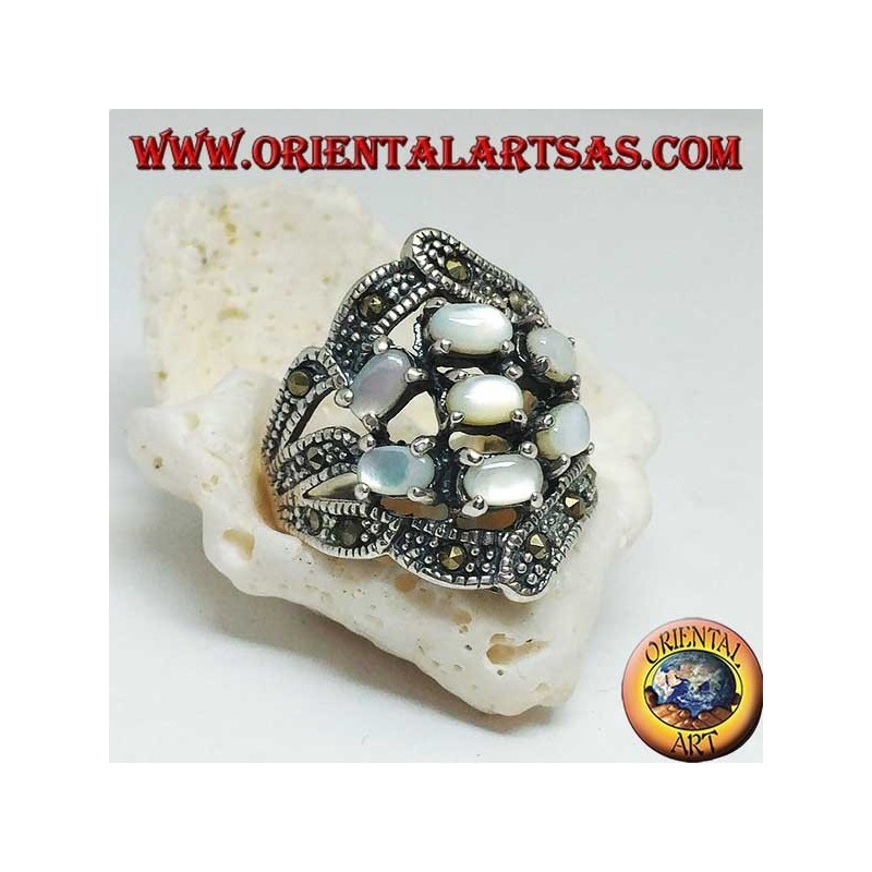 Silver ring with seven oval mother-of-pearl set and marcasite