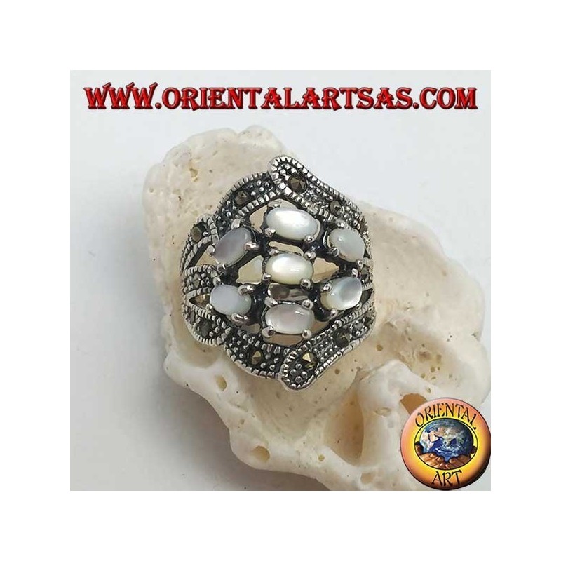 Silver ring with seven oval mother-of-pearl set and marcasite