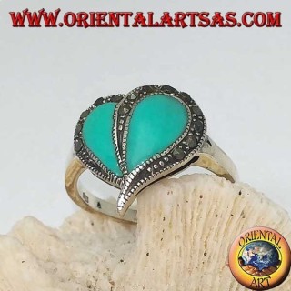 Anillo de plata con corazón turquesa y borde de marcasita
