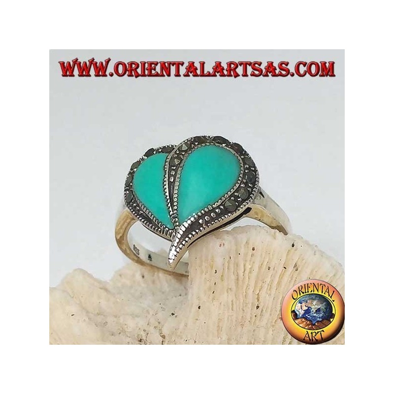 Silver ring with turquoise heart and marcasite border