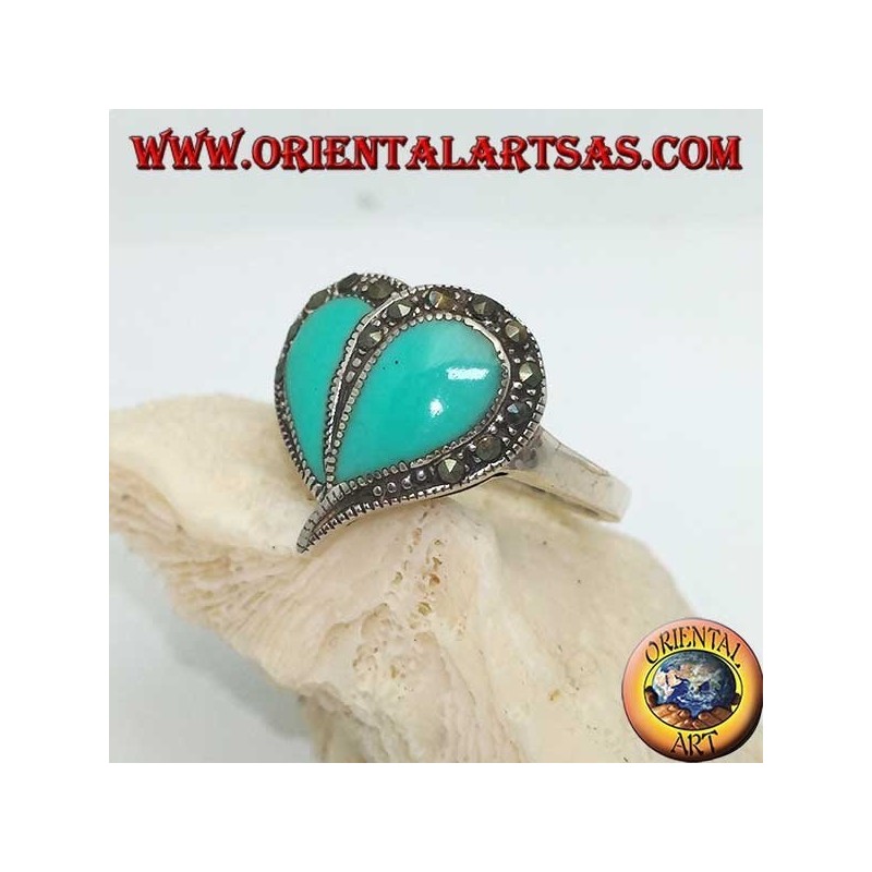 Anello in argento a cuore di turchese e bordo di marcassite