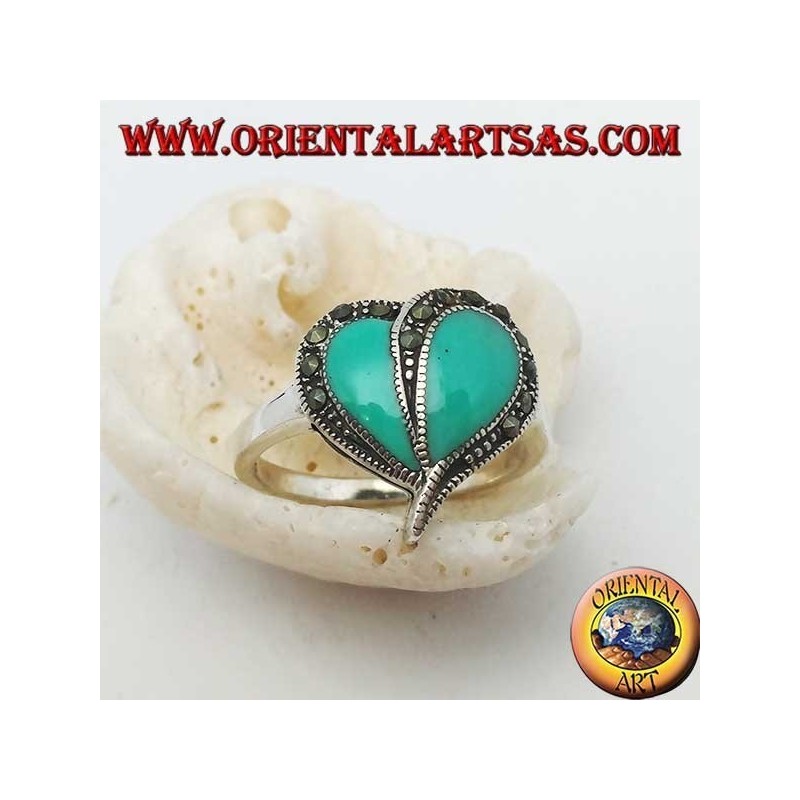 Anello in argento a cuore di turchese e bordo di marcassite