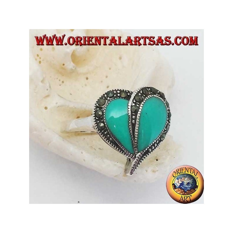 Silver ring with turquoise heart and marcasite border