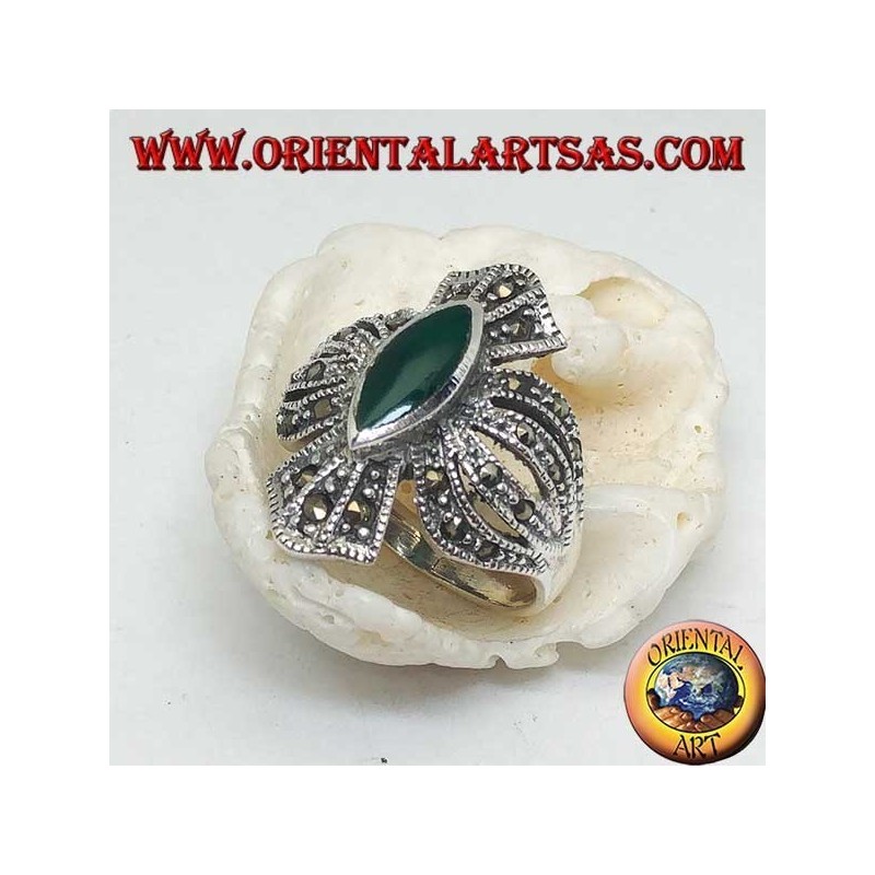 Silver ring cross studded with marcasites with central shuttle green agate