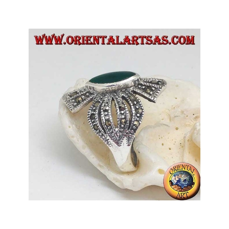 Silver ring cross studded with marcasites with central shuttle green agate